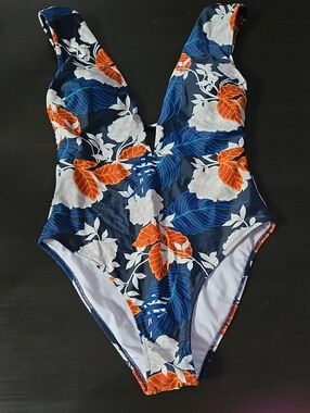 Cupshe Navy One-Piece Swimsuit with Orange and White Floral Print